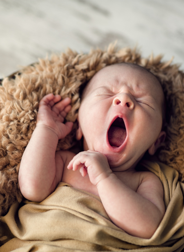 A sleepy newborn yawning, wrapped in a soft blanket