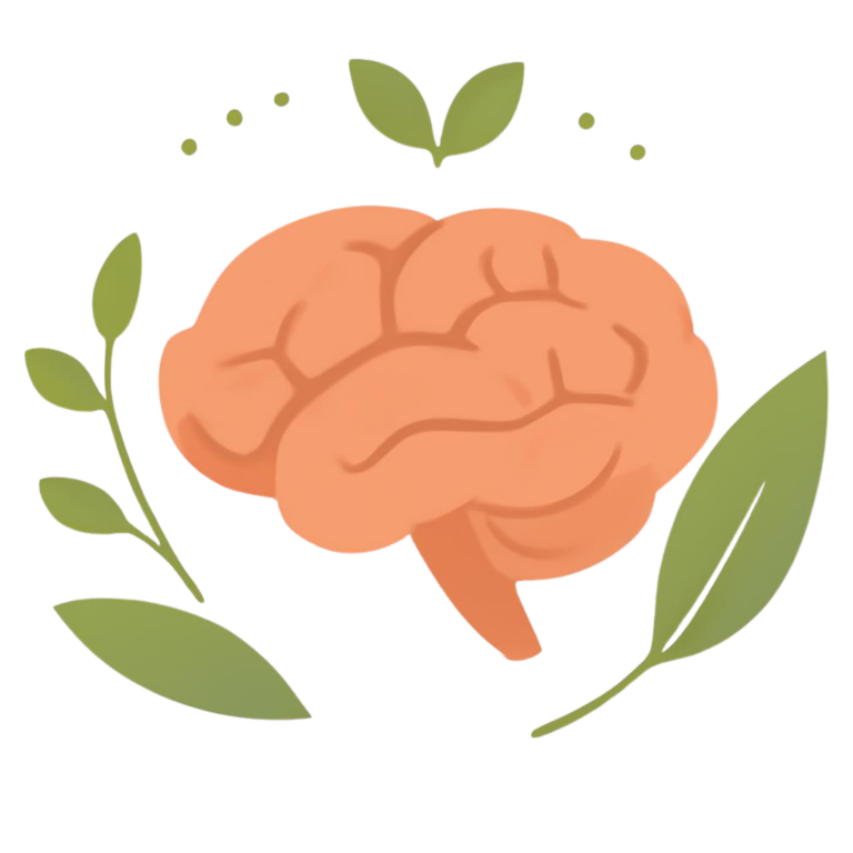 Illustration of a brain surrounded by soft green leaves