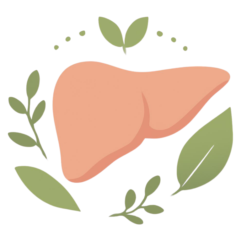 Illustration of a liver surrounded by soft green leaves