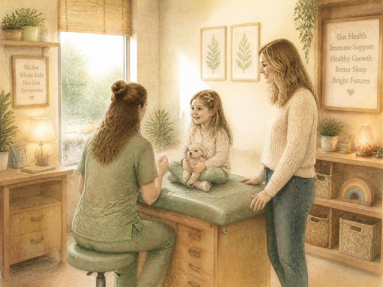 Watercolor illustration of a pediatric nurse practitioner talking with a smiling young girl on an exam table while her mom looks on, in a sunlit, plant-filled room