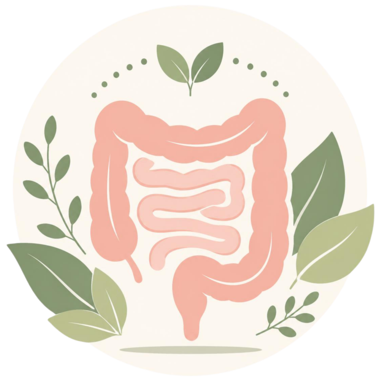 Illustration of the intestines surrounded by soft green leaves