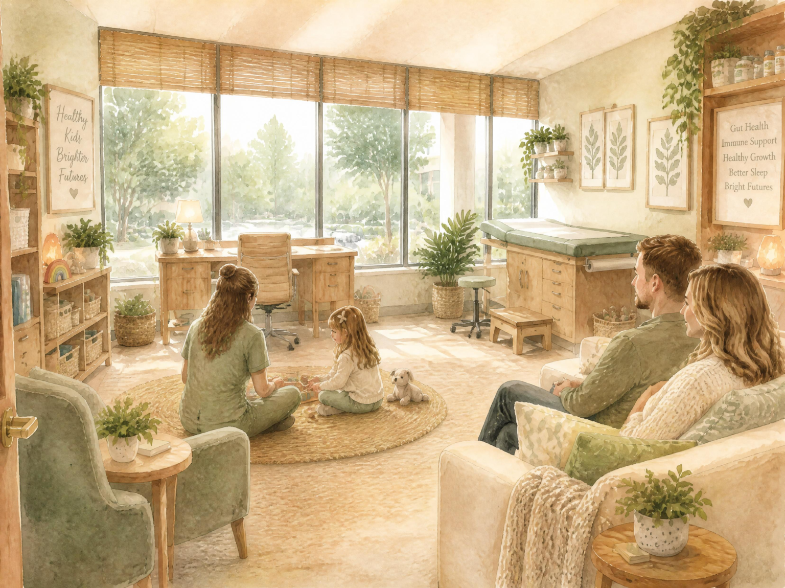 Watercolor illustration of the new Simply Nourished Life office, a bright room with a wall of windows, a play rug, a cozy couch for parents, and an exam table